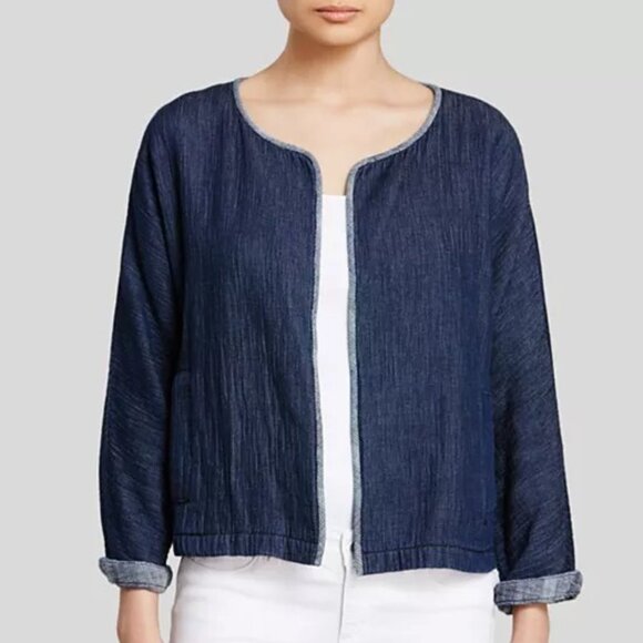 Eileen Fisher Indigo Denim Doubleweave Chambray Open Front Jacket Cardigan Sz S - Picture 1 of 6